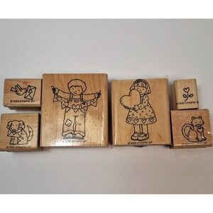 VTG Stampin Up "From The Heart" 1999 Stamp Set Boy Girl Cat Dog Bird Flower Wood